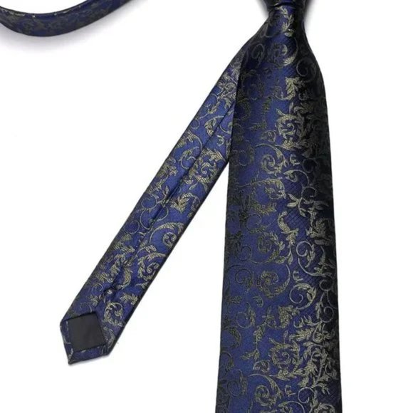 New 𝅺TIE and Pocket Square Cufflinks Set Navy Gold - Picture 4 of 6